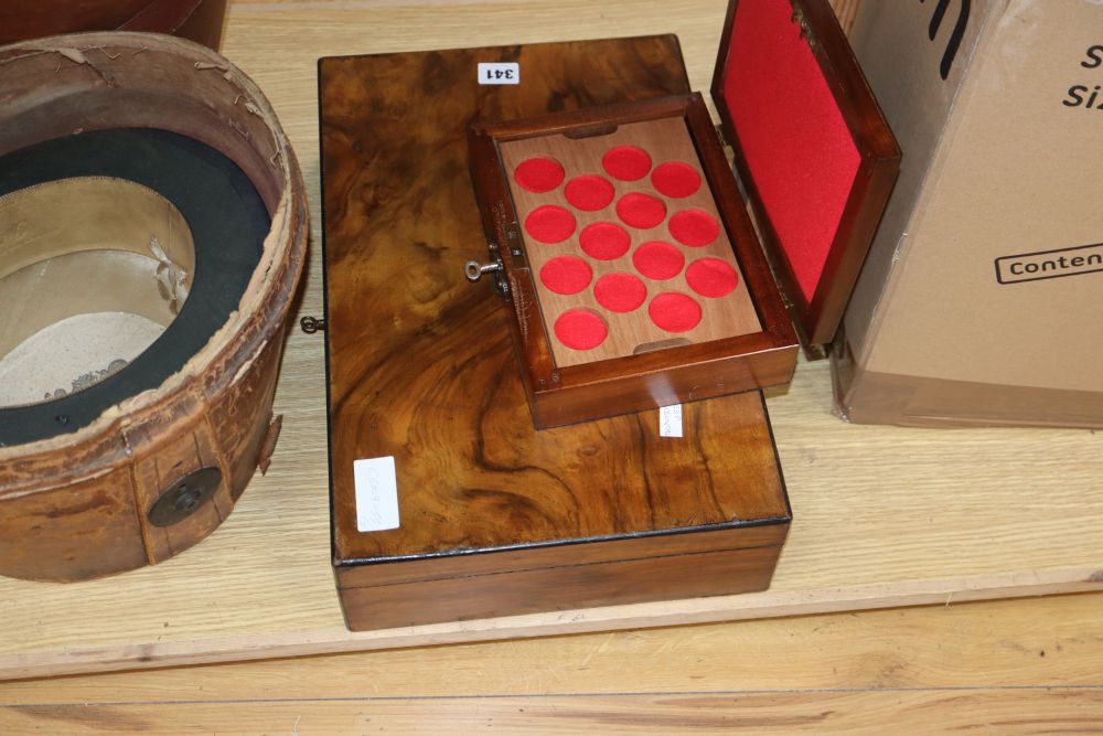 A walnut box fitted for display and a similar mahogany box